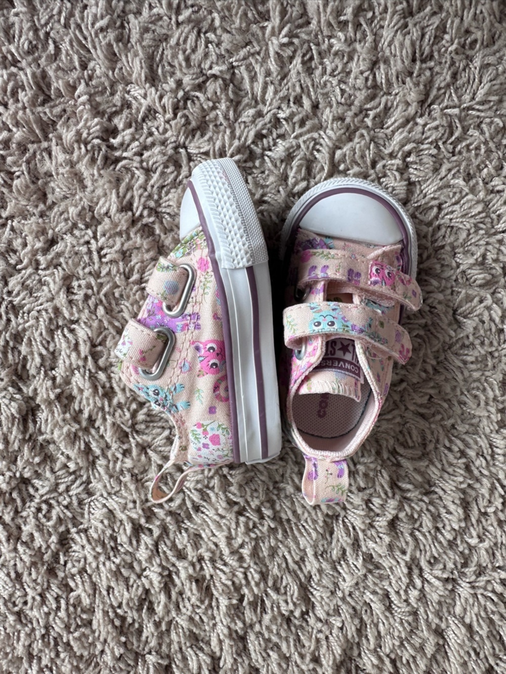 Converse Kids Pink Floral Cat Double-Strap Canvas Sneakers